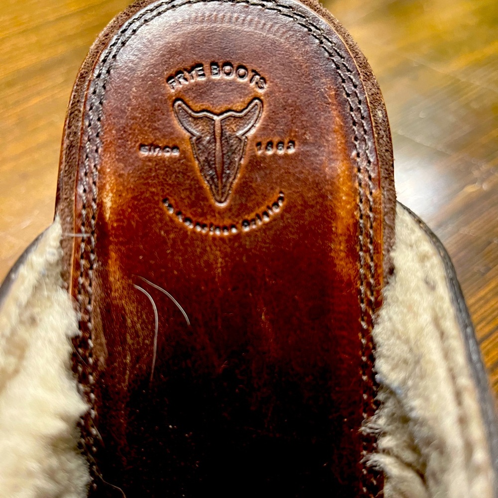 Frye boot leather, fur lined mules